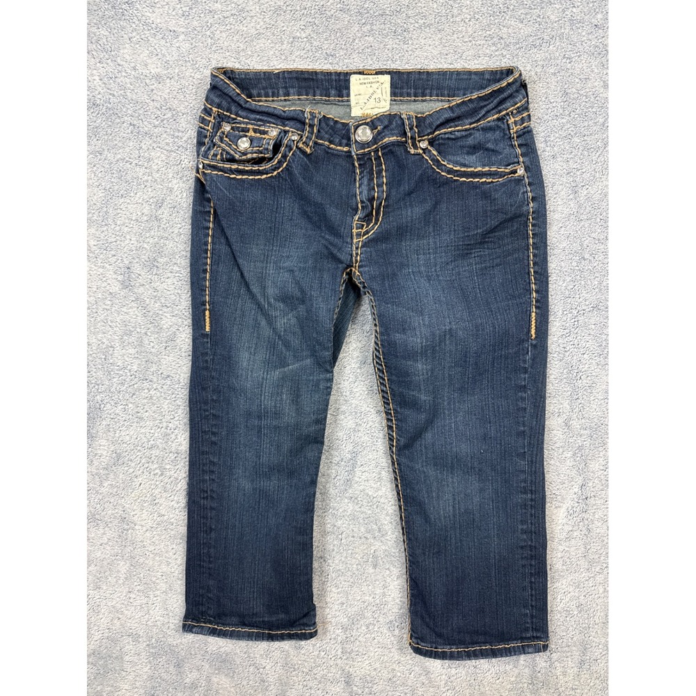 LA Idol USA Womens 13 Blue Capri Jeans Thick Stitch Rhinestone Y2K Dark Wash